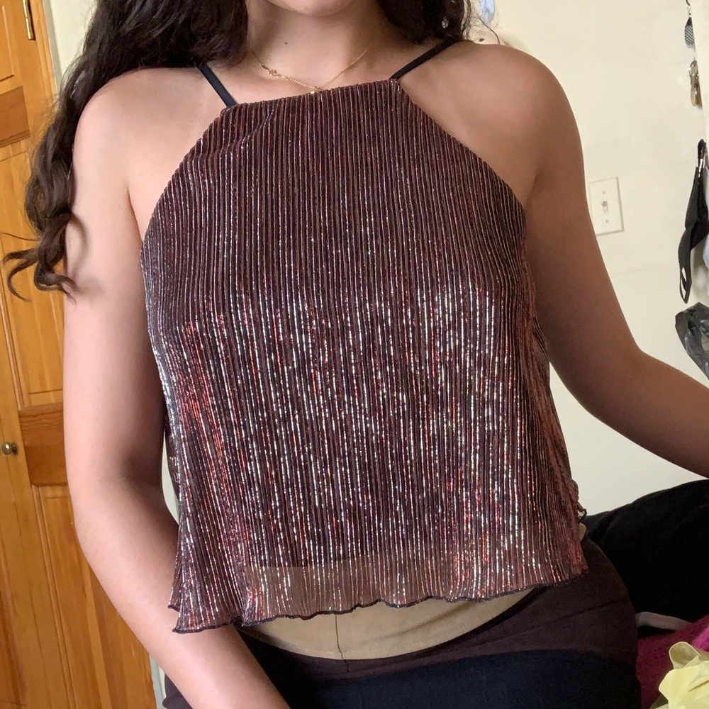 Pleated Metallic Halter Top